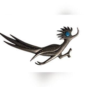 J. Ritter Signed Roadrunner Turquoise Bead Southwestern Pin 2.75" Long
